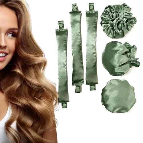 3 juegos/6 rizadores de cabello sin calor, sin calor, para rizos sin calor con gorras para el cabello, diadema suave y sin calor para todo el Verde