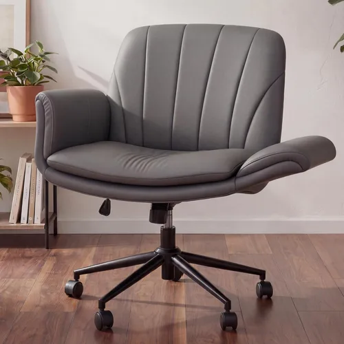 Miniatura 12 de Dowinx Silla Criss Cross con brazos y ruedas ajustables de cinco niveles - Cómoda silla giratoria ergonómica de cuero PU para tocador - Silla