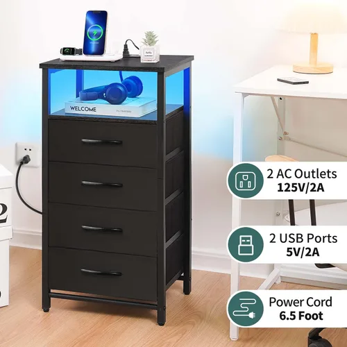 Miniatura 6 de Yoobure - Mesita de noche - Cómoda pequeña para dormitorio, mesita de noche LED negra con estación de carga, mesa de noche con 4 cajones de tela