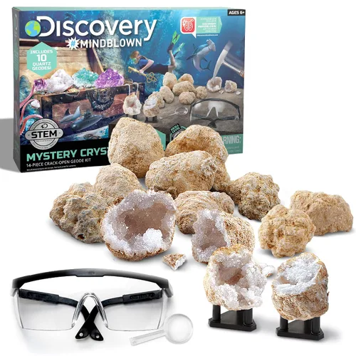 Discovery Kit de geoda de cristal misterioso, 10 geodas de cuarzo real, incluye gafas, lupa y soportes de exhibición, juguete educativo de geología