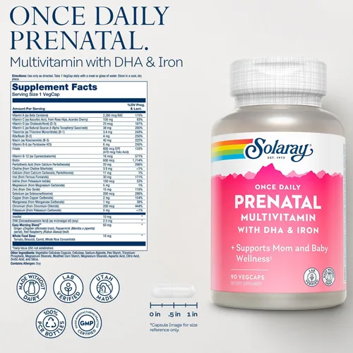 Miniatura 2 de SOLARAY Multivitamínico prenatal una vez al día con hierro y DHA, vitaminas prenatales y minerales para mujeres embarazadas, ayuda a la digestión