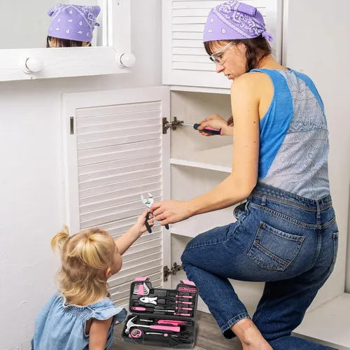 Miniatura 5 de Kit de herramientas para el hogar de 39 piezas multiusos color rosa para mujeres, juego de herramientas pequeño con caja de herramientas, ideal