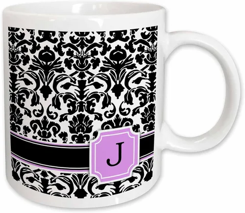 Miniatura 12 de 3dRose Letra personalizada con diseño de damasco blanco y negro con monograma, inicial personal en J - Taza negra de dos tonos, 11 onzas, 11 onzas