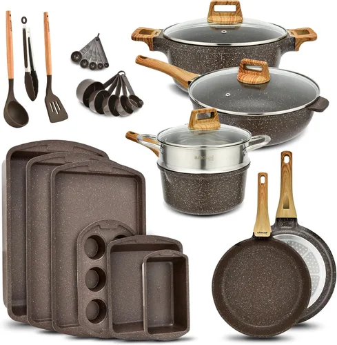Bakken Master - Juego de utensilios de cocina de 20 piezas, ollas y sartenes con agarres de mango y tapas de vidrio templado, con juego de 6 piezas