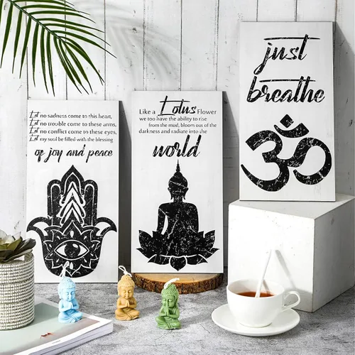 Miniatura 3 de Blulu 3 piezas de arte de pared de Buda, citas espirituales de Buda, decoración de pared de meditación, decoración de madera zen, decoración