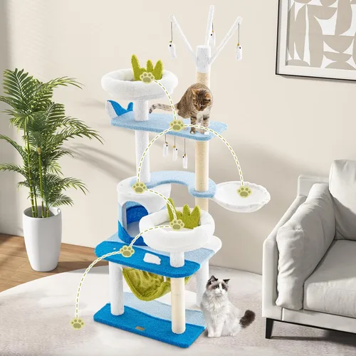 Miniatura 8 de PETSITE Árbol para gatos con temática oceánica para gatos de interior, torre para gatos de varios niveles con postes rascadores de sisal natural