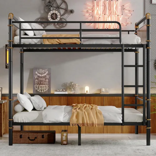 Miniatura 3 de KEIKI Litera desmontable de metal con escaleras, cabecera de MDF y barandilla, literas modernas con listones sólidos, no requiere somier, fácil