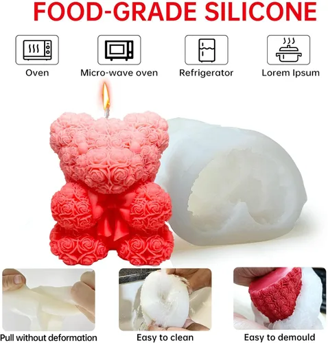 Miniatura 7 de Molde de vela Bowtie Rose Bear - Moldes de resina para hacer velas, moldes de silicona de resina epoxi para velas de bricolaje, jabón hecho a mano