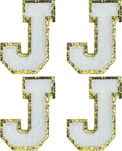 Jongdari Letras termo-adhesivas de felpilla para ropa, parches de letras del alfabeto con brillantina para coser, con adhesivo planchado, 4 Blanco