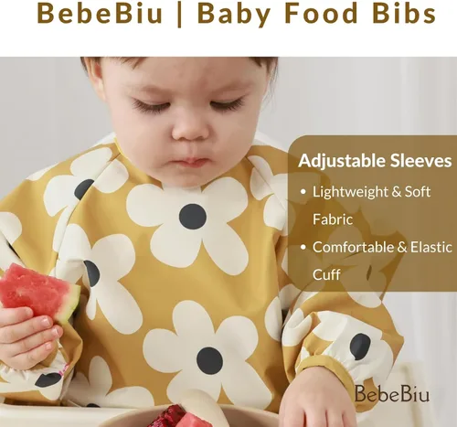 Miniatura 7 de Babero de manga larga para bebé, tela impermeable, bolsillo recolector, babero delantal para bebé, mangas ajustables