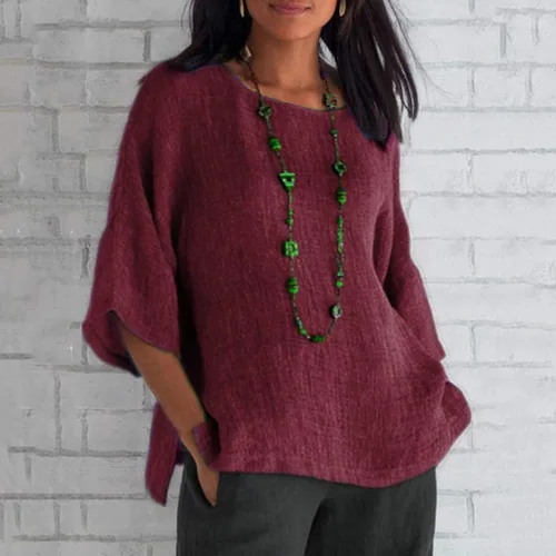 Miniatura 2 de Ceboyel Cotton Linen Tops for Women 34 Sleeve Crewneck Tunic Blouses Dressy Causal Gauze Shirts Ladies Summer Clothing 2025