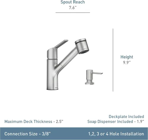 Miniatura 3 de Moen Sombra Spot Resist 87701SRS - Grifo de cocina con rociador extraíble de una sola manija de acero inoxidable con dispensador de jabón y limpieza