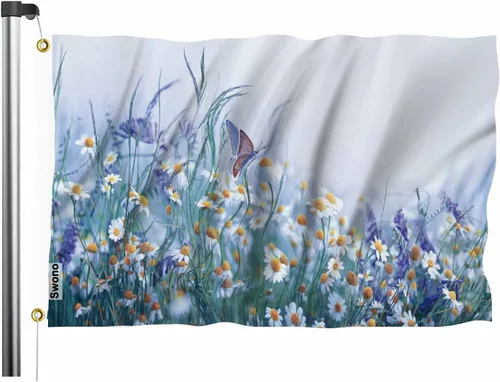 Swono - Bandera de hermosos flores silvestres de 3 x 5 pies, manzanilla, violeta, trébol, mariposas matutinas, naturaleza, bandera de doble cara,