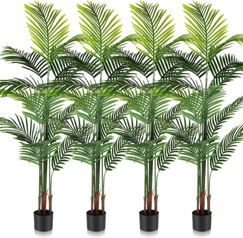 Jexine Paquete de 4 palmeras artificiales de 6 pies, plantas falsas, plantas artificiales de areca para interiores y exteriores, árbol sintético en