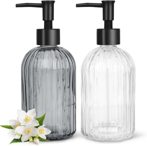 Miniatura 21 de Topsky Paquete de 2 dispensadores de jabón de vidrio con bomba de plástico negro, dispensador de jabón líquido de manos de 11.2 fl oz, bomba a