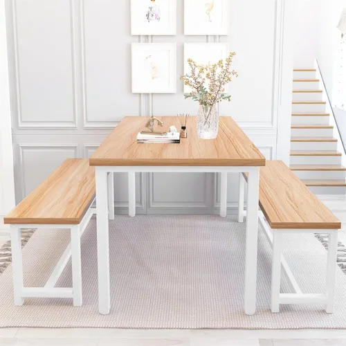 Miniatura 5 de Recaceik Juego de mesa de comedor de 47 pulgadas para 4, mesa de cocina de 3 piezas con 2 bancos, juego de mesa y sillas de cocina de madera, juego
