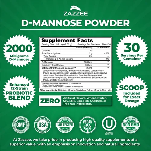 Miniatura 3 de Zazzee D-manosa en polvo Plus, 2000 mg, 30 porciones, potente y de acción rápida, más 5 mil millones de probióticos CFU y extracto de jugo