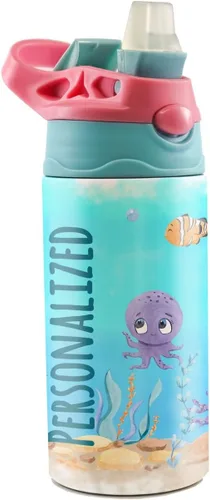 Miniatura 9 de All-Star Sports – Diseño rosa – Botella de agua pequeña de 12 onzas con popote de silicona desplegable – Personalizar con nombre – Aislamiento