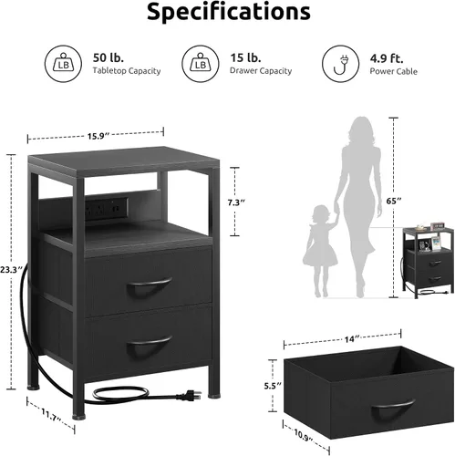 Miniatura 2 de Lazzanto Mesa de Noche Mesita de Carga para Dormitorio - Mesa de Noche con Estación de Carga, Mesita de Noche Moderna con Estante Abierto y 2