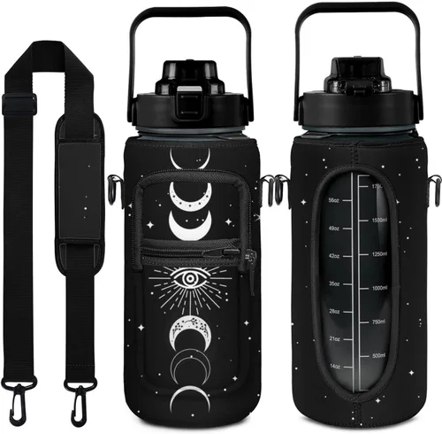 Botella de agua Goth Moon, botella de agua de medio galón con marcador de tiempo, botellas de agua para gimnasio deportivo para mujeres, sin BPA,