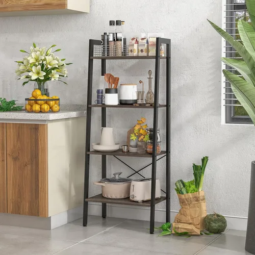 Miniatura 4 de Tangkula Estantería de escalera, estantería industrial de madera de 4 niveles con marco de metal, dispositivo antivuelco, estante de escalera
