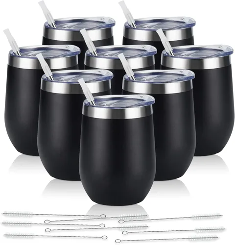 Miniatura 21 de Paquete de 12 vasos de vino de acero inoxidable, 12 onzas, doble pared, aislados al vacío, con tapas y pajitas, copas de vino sin tallo de acero Oro