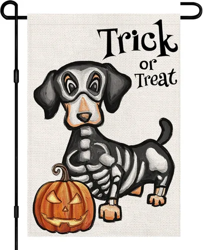 Bandera de jardín de Halloween de truco o trato, perro fantasma, 12 x 18 pulgadas, pequeña de arpillera de doble cara de bienvenida para patio,