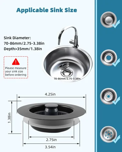 Miniatura 5 de Combo Universal 3 en 1 de Colador y Tapón de Drenaje para Fregadero de Cocina, Carcasa de Acero Inoxidable Negro con Tapón Emergente para Filtro