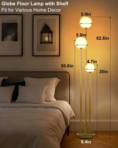 Miniatura 7 de Lightdot Lámpara de pie dorada de 63 pulgadas, regulable, 3 luces, globo LED, con 3000 K, blanco cálido suave para boda/fiesta, portavelas, lámpara