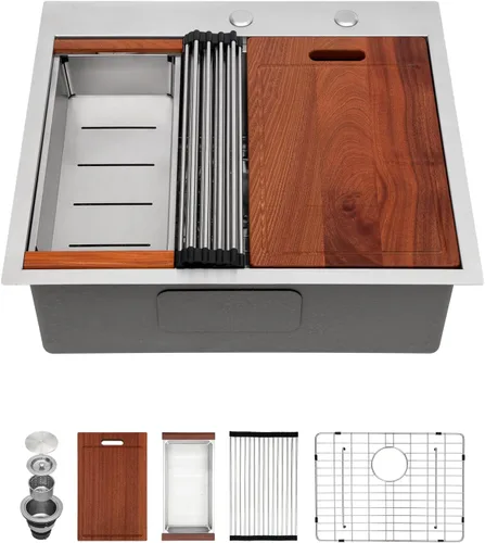 Miniatura 6 de Sarlai - Fregadero de cocina de 25 pulgadas, estación de trabajo con caída, de 25 x 22 pulgadas, de montaje superior, estante de acero inoxidable