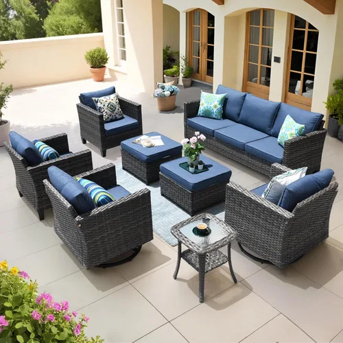 Miniatura 9 de ovios Juego de muebles de patio de 8 piezas, sofá de mimbre para exteriores con sillas giratorias, mecedora con cojines cómodos, juego de Beige