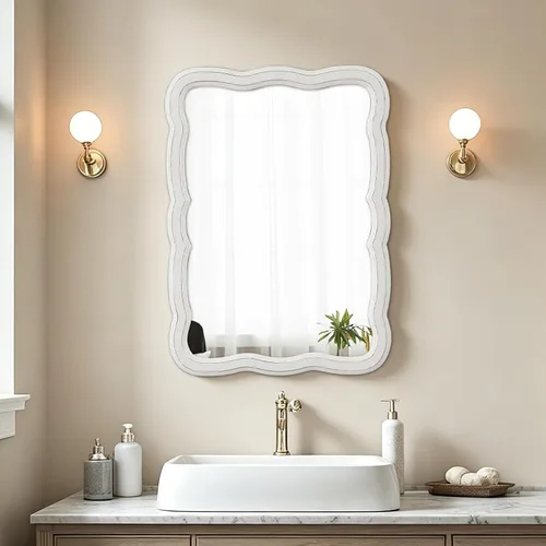 Miniatura 9 de Espejo de pared rectangular festoneado de 16 x 24 pulgadas, espejo de baño rústico de madera envejecida, espejo ondulado vintage sobre el tocador