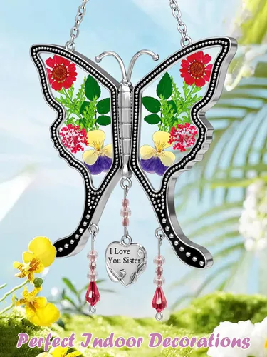 Miniatura 9 de KY&BOSAM Atrapasoles de mariposa con texto en inglés "I Love You Sister" para ventanas con flores secas y prensadas reales, dije de corazón grabado