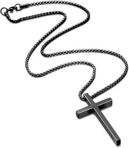 Miniatura 4 de Ursteel - Collar con dije de cruz de acero inoxidable para hombre, cadena de eslabones cuadrados de 16 a 30 pulgadas, color plateado, negro, dorado
