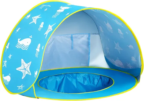Miniatura 12 de Monobeach Tienda de campaña de playa para bebés con piscina: tienda de campaña desplegable con estrellas marrones para niños pequeños, refugio
