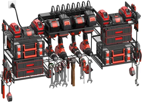 CCCEI Organizador de herramientas eléctricas negro para montaje en pared, herramientas grandes y estante de almacenamiento de batería, estación de
