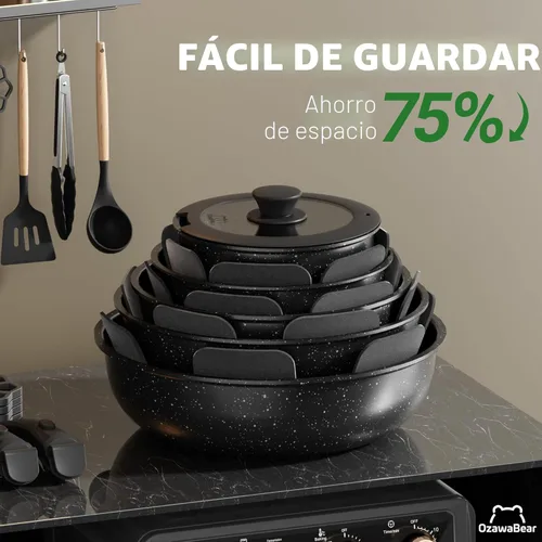 Miniatura 4 de Juego de 23 piezas de ollas y sartenes antiadherentes, juego de utensilios de cocina de cerámica no tóxicos con asas desmontables, utensilios