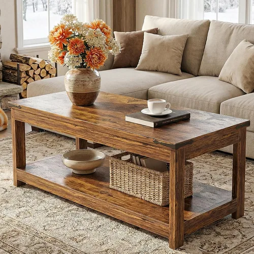 Miniatura 8 de Homieasy Mesa auxiliar rectangular de 43.3 pulgadas con estante de almacenamiento, mesa central de madera de granja para sala de estar, moderna mesa