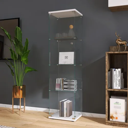 Miniatura 20 de Vitrina de cristal con 4 estantes con tira de luces LED y cerradura, vitrina de vitrina con ruedas y 1 puerta, vitrina de vidrio templado para sala
