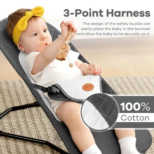 Miniatura 4 de HKAI Baby Bouncer, asiento portátil para bebés de 0 a 18 meses, telas 100% algodón, 3 modos de uso con opciones de balancín y estacionarias, silla