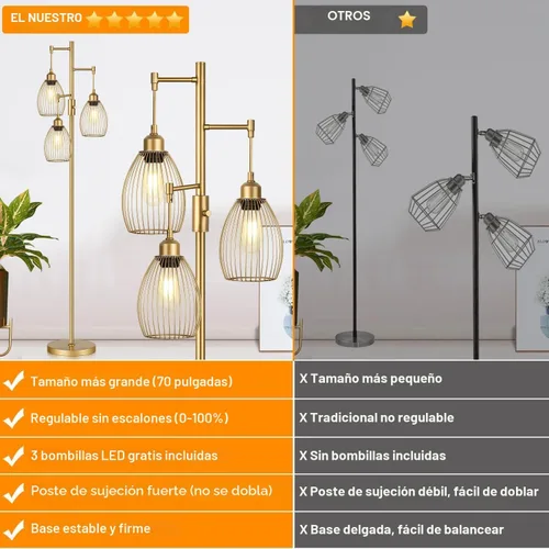 Miniatura 2 de Lámpara de pie regulable, lámparas de pie industriales para sala de estar, lámpara de árbol dorada, lámparas altas con 3 elegantes cabezales