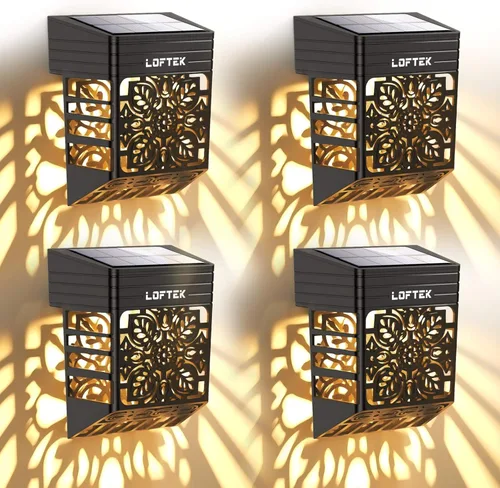 LOFTEK Luces solares para terraza, paquete de 4 luces solares para cerca, luz decorativa de jardín al aire libre, del atardecer al amanecer,