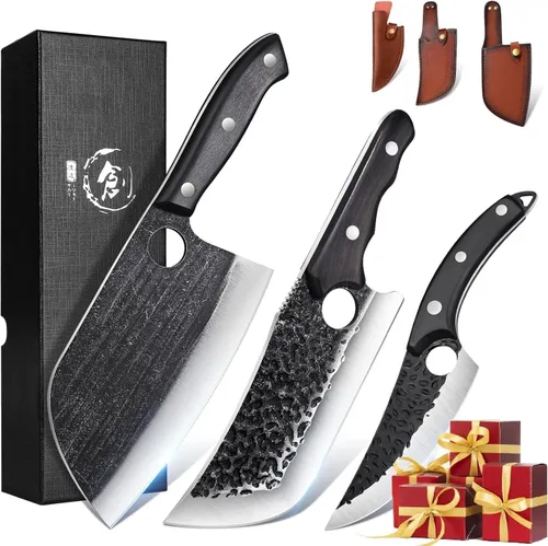 Miniatura 8 de TIJERAS Juego de cuchillos de carnicero, juego de 3 cuchillos de chef forjados a mano, cuchillo de chef serbio y cuchillo de carnicero y cuchillo