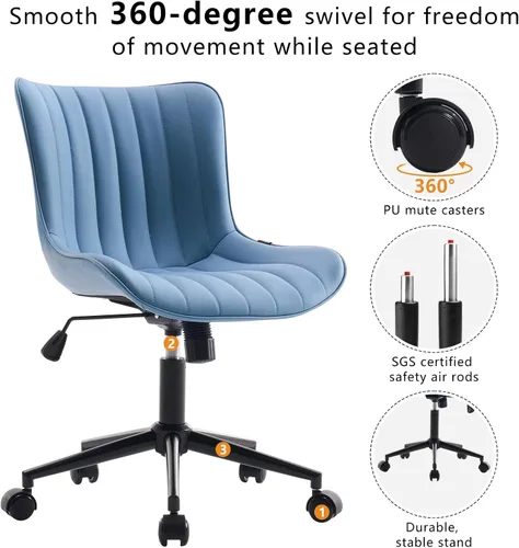 Miniatura 4 de YOUNIKE Silla de escritorio azul para oficina en casa con ruedas, silla cómoda sin brazos con respaldo, silla moderna pequeña de cuero tapizado