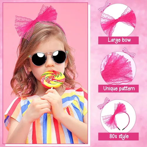 Miniatura 3 de Neon Lace Bow Headband, Elastic Women's 1980s Neon Lace Headband 1980s Cosplay Hair Accessories for Women