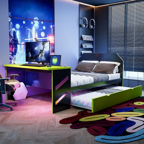 Miniatura 11 de Cama para juegos, sofá cama de tamaño matrimonial con escritorio, cama de plataforma matrimonial de madera con cama nido de tamaño individual y USB