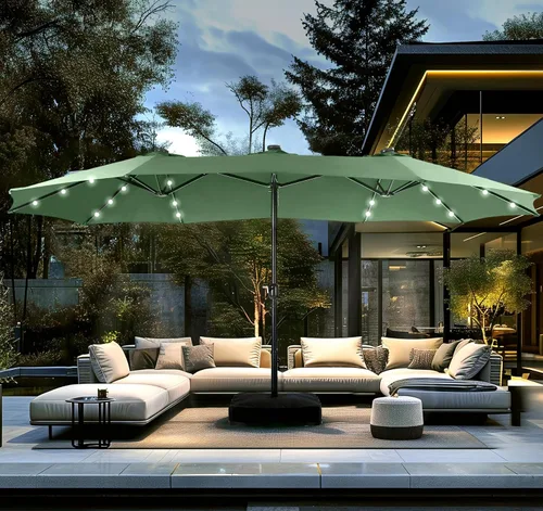Miniatura 22 de PHI VILLA Sombrilla de patio grande de 15 pies con base y luces solares, paraguas rectangular de doble cara para exteriores con 36 luces LED, Beige