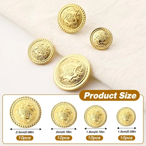 Miniatura 2 de Juego de botones de metal de 40 piezas, botones dorados, botones de costura para mujer, emblema de latón vintage, botones de vástago de emblema
