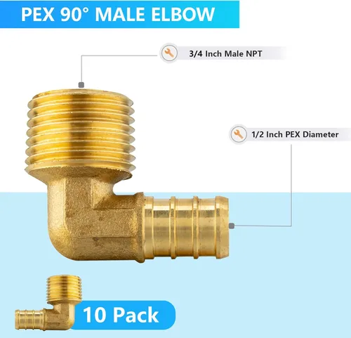 Miniatura 3 de Paquete de 10 accesorios PEX, Pex de 1/2 x 3/4 pulgadas, rosca macho NPT codo de latón con púas de codo, 1/2 pulgada F1807 codo macho para tuberías