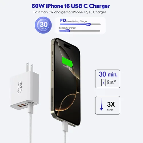 Miniatura 2 de Bloque de carga rápida para iPhone 17/16, paquete de 2 bloques de carga USB de 60 W, adaptador de carga de 5 puertos para Apple iPhone cargador